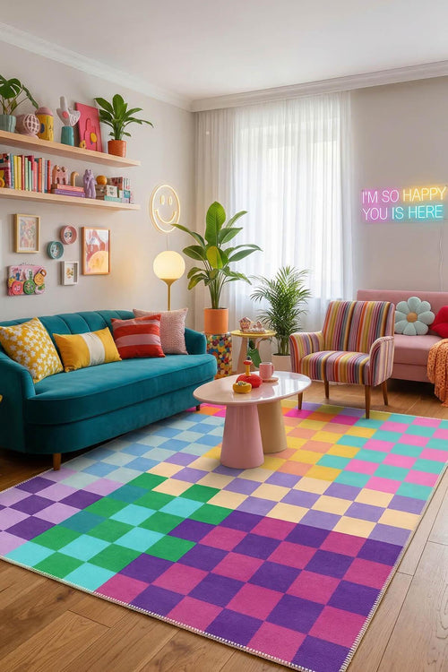 Mosaica Color Carnival Pamuk Tabanlı Yıkanabilen Kaydırmaz Antibakteriyel Şönil Salon Halısı - Aydahome