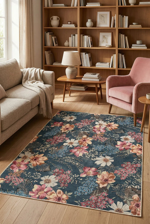 Nelis Spring Bloom Çiçek Desenli Pamuk Tabanlı Yıkanabilen Kaydırmaz Antibakteriyel Şönil Salon Halısı - Aydahome