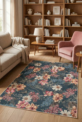 Nelis Spring Bloom Çiçek Desenli Pamuk Tabanlı Yıkanabilen Kaydırmaz Antibakteriyel Şönil Salon Halısı - Aydahome