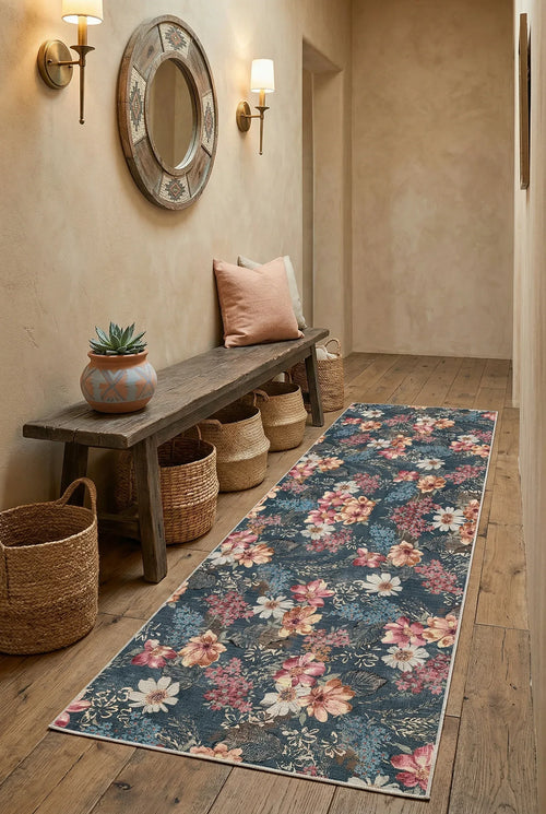 Nelis Spring Bloom Çiçek Desenli Modern Şönil Doğal Pamuk Tabanlı Kaymaz Antibakteriyel Yıkanabilir Çevre Dostu Yolluk - Aydahome