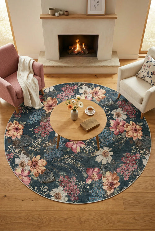 Nelis Spring Bloom Çiçek Desenli Pamuk Tabanlı Yıkanabilen Kaydırmaz Antibakteriyel Yuvarlak Şönil Salon Halısı - Aydahome
