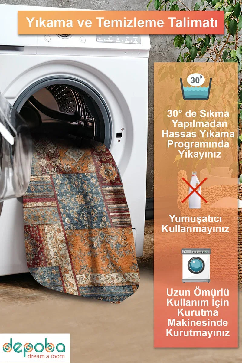 Sera Patchwork Şönil Doğal Pamuk Tabanlı Kaymaz Antibakteriyel Yıkanabilir Çevre Dostu Salon Halısı - Aydahome