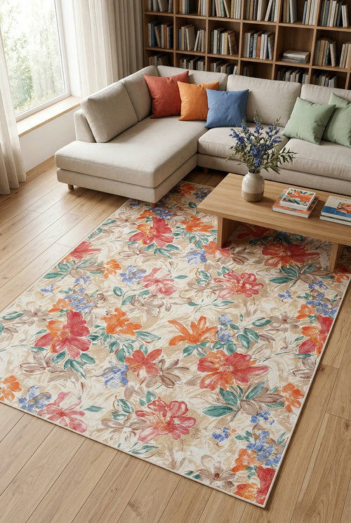 Soneka Spring Bloom Çiçek Desenli Pamuk Tabanlı Yıkanabilen Kaydırmaz Antibakteriyel Şönil Salon Halısı - Aydahome