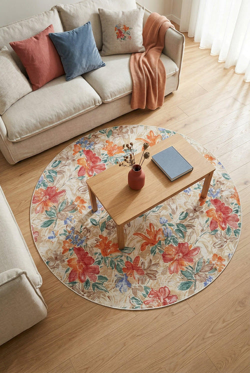Soneka Spring Bloom Çiçek Desenli Pamuk Tabanlı Yıkanabilen Kaydırmaz Antibakteriyel Yuvarlak Şönil Salon Halısı - Aydahome