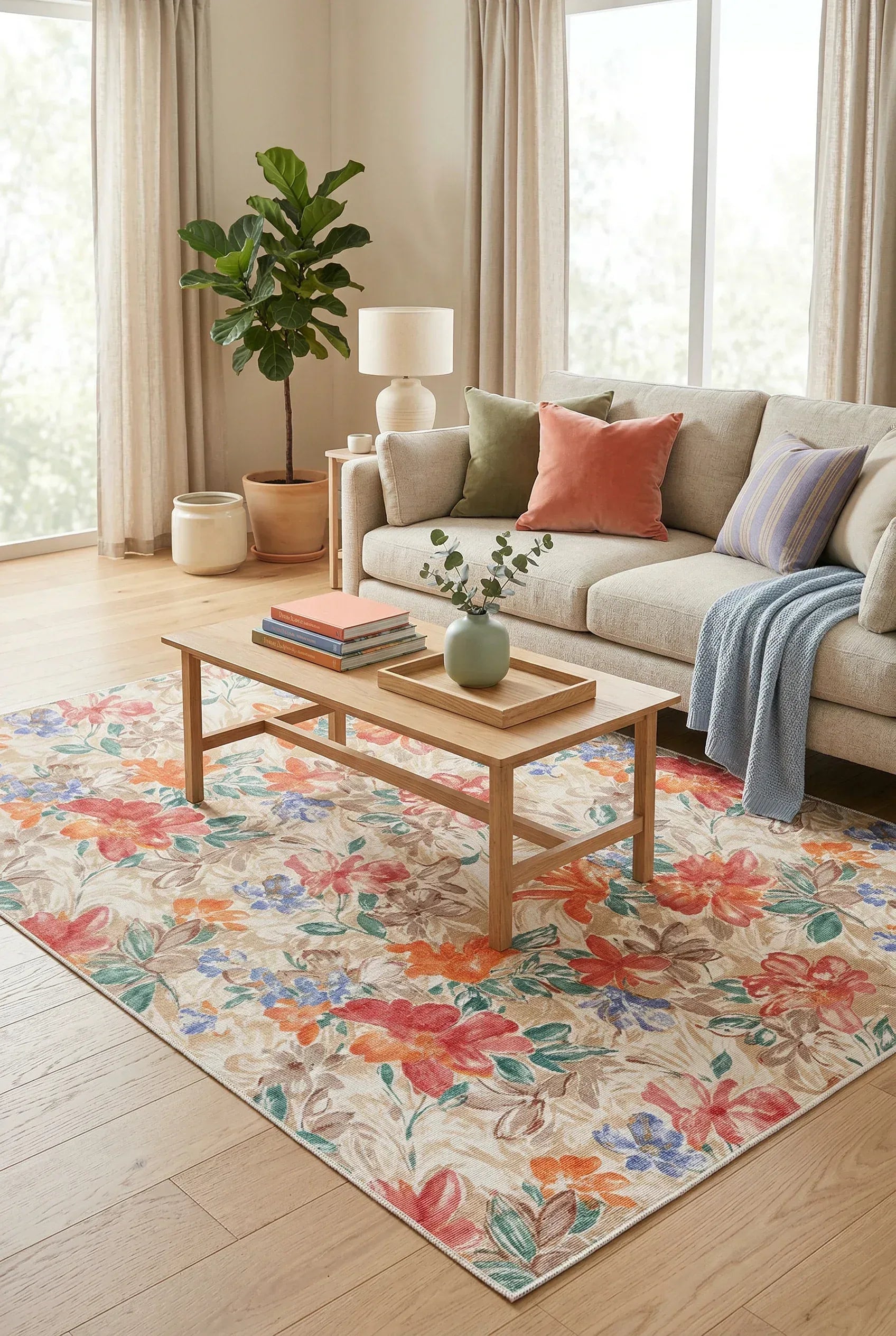 Soneka Spring Bloom Çiçek Desenli Pamuk Tabanlı Yıkanabilen Kaydırmaz Antibakteriyel Şönil Salon Halısı - Aydahome