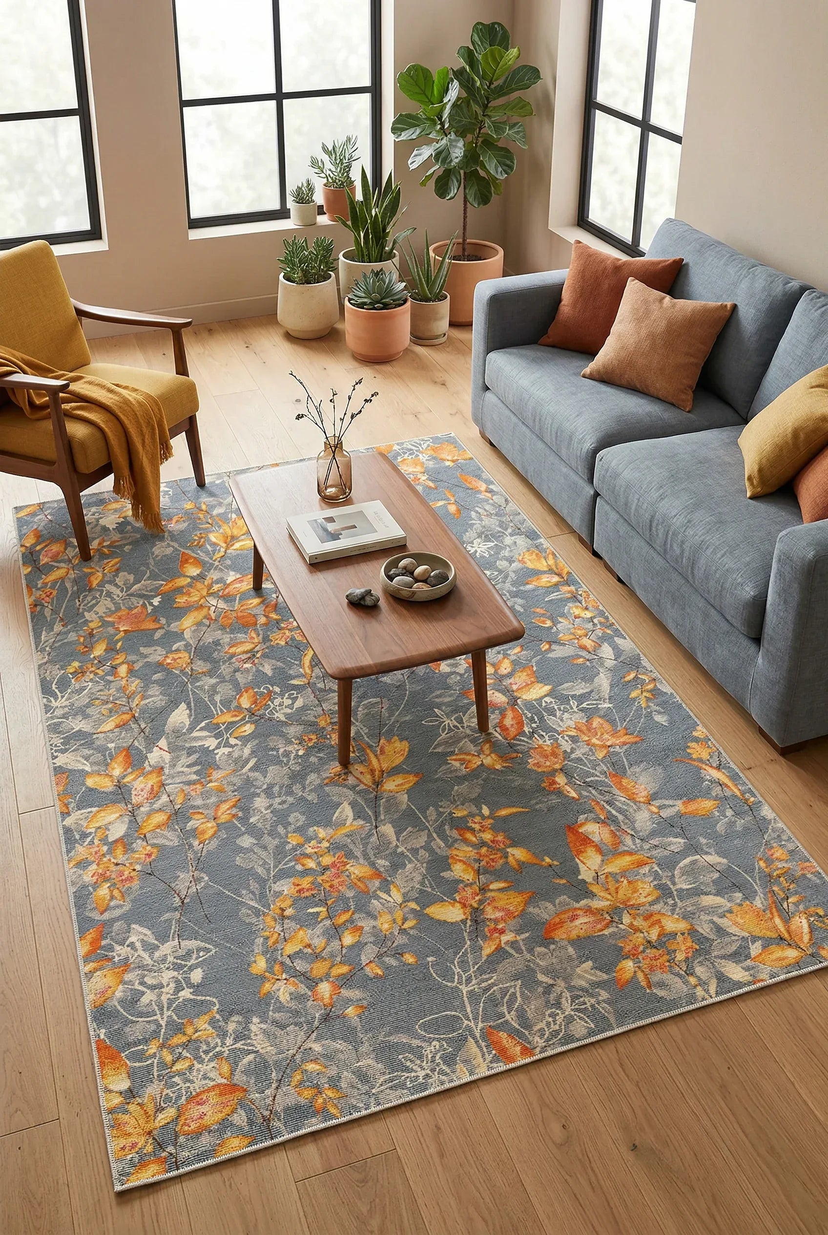 Sunfa Spring Bloom Çiçek Desenli Pamuk Tabanlı Yıkanabilen Kaydırmaz Antibakteriyel Şönil Salon Halısı - Aydahome