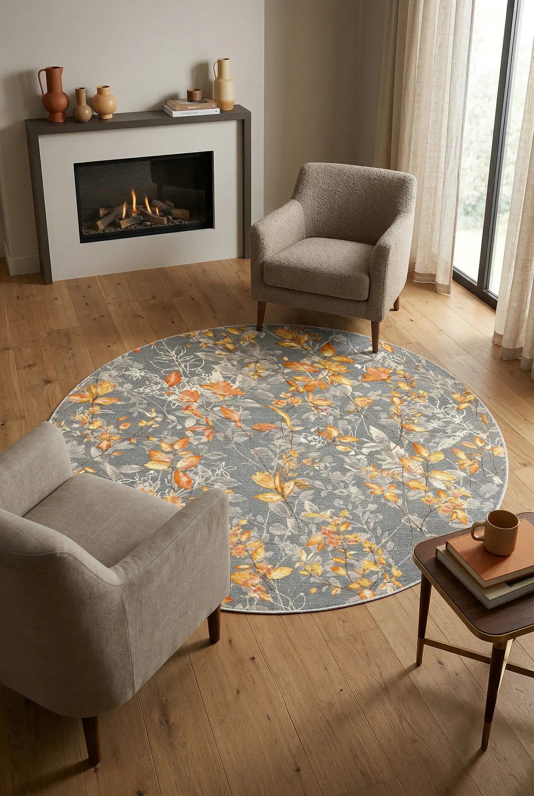 Sunfa Spring Bloom Çiçek Desenli Pamuk Tabanlı Yıkanabilen Kaydırmaz Antibakteriyel Yuvarlak Şönil Salon Halısı - Aydahome