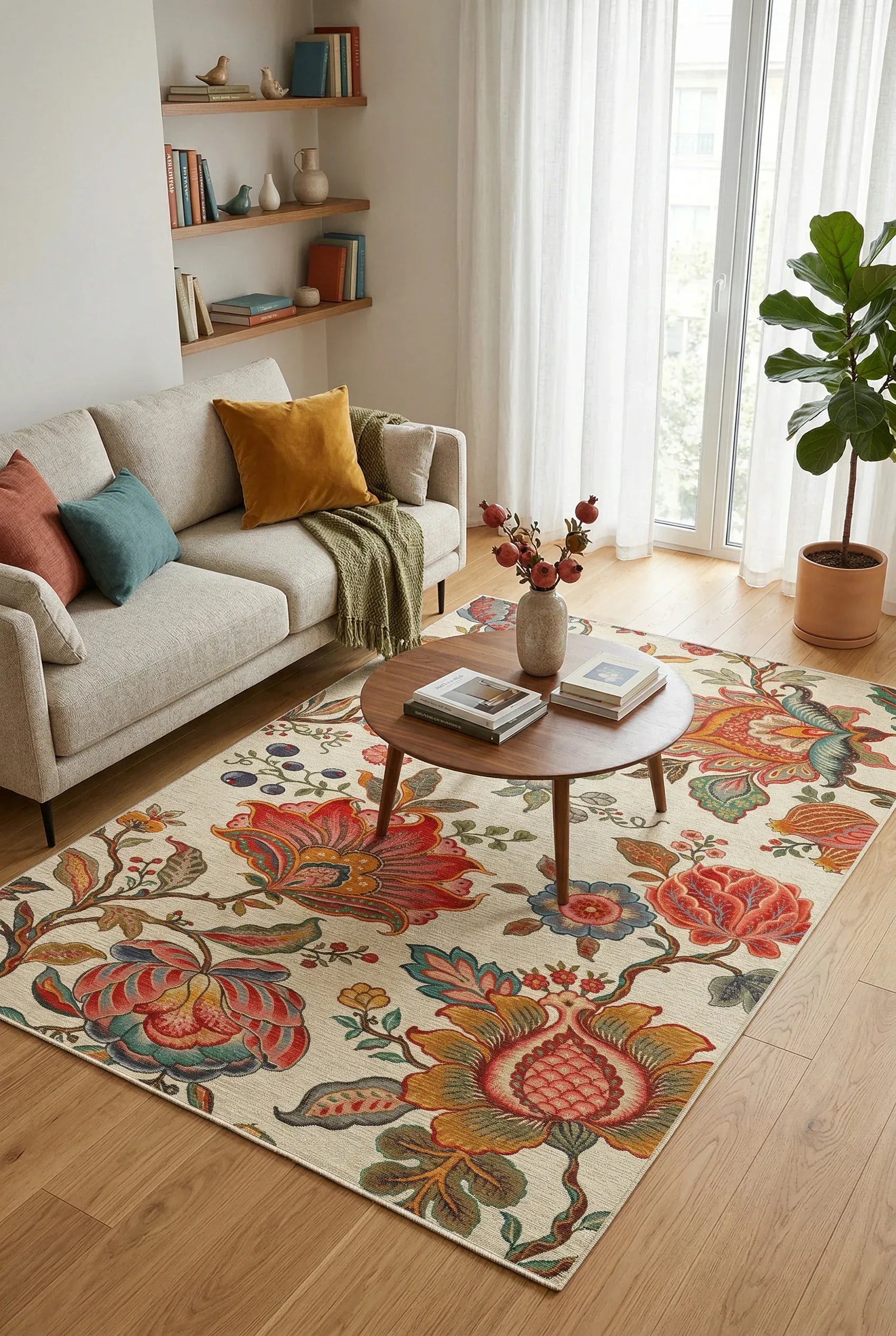 Sunro Spring Bloom Çiçek Desenli Pamuk Tabanlı Yıkanabilen Kaydırmaz Antibakteriyel Şönil Salon Halısı - Aydahome