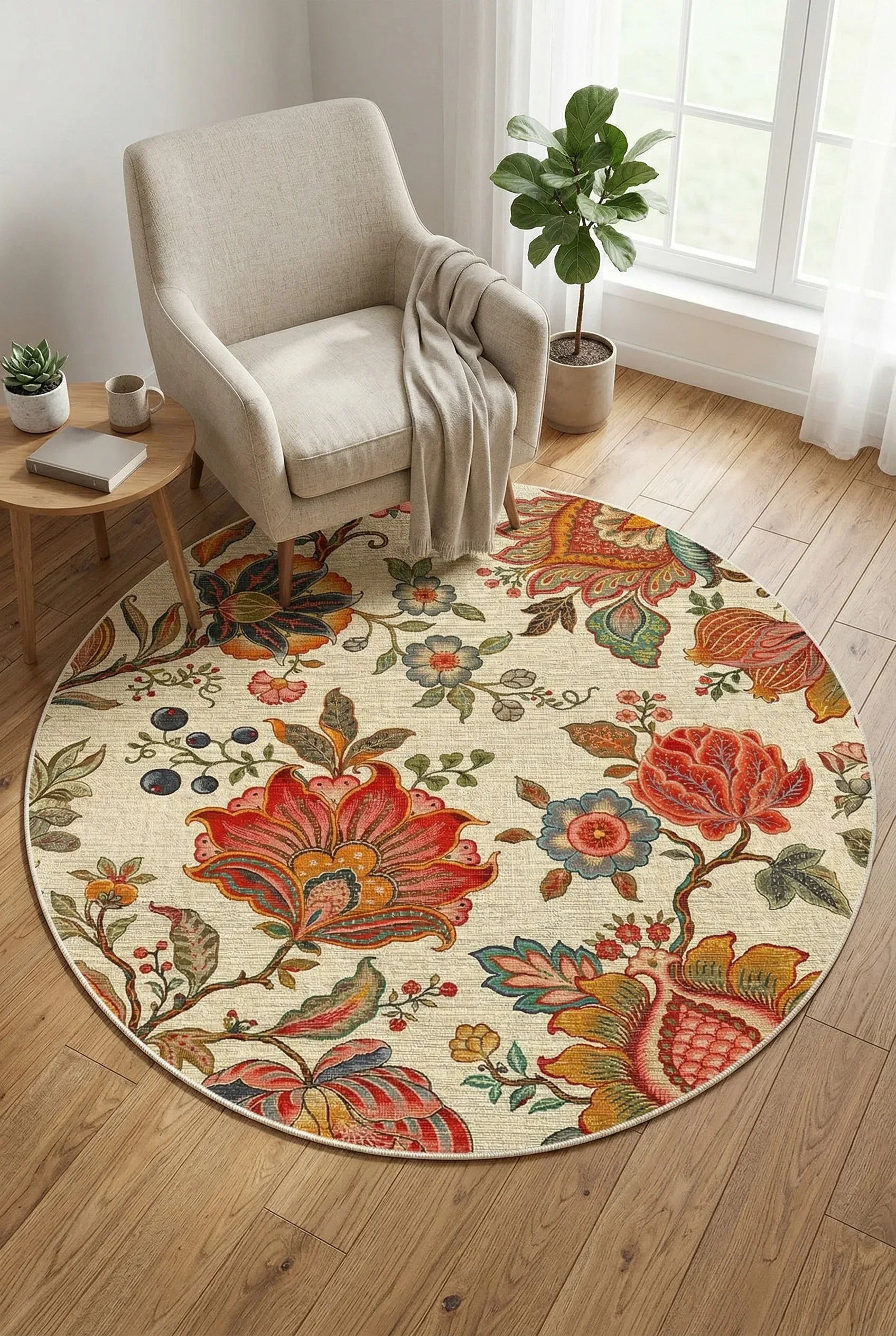 Sunro Spring Bloom Çiçek Desenli Modern Şönil Doğal Pamuk Tabanlı Kaymaz Antibakteriyel Yıkanabilir Yuvarlak Halı - Aydahome