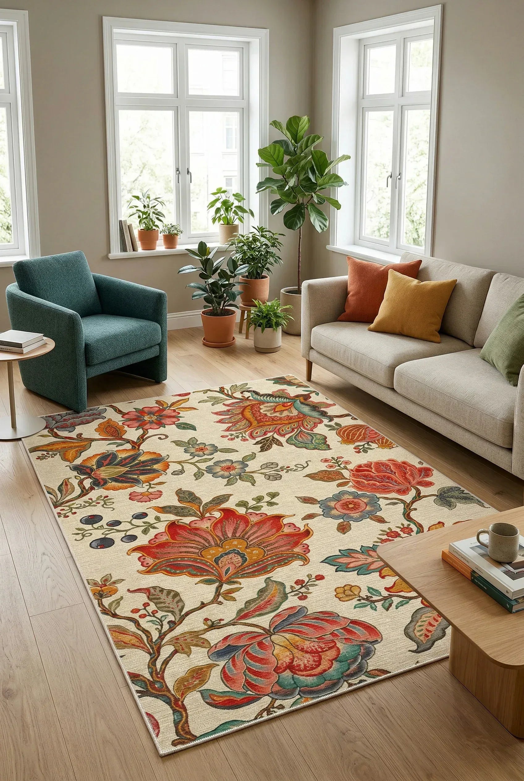 Sunro Spring Bloom Çiçek Desenli Pamuk Tabanlı Yıkanabilen Kaydırmaz Antibakteriyel Şönil Salon Halısı - Aydahome