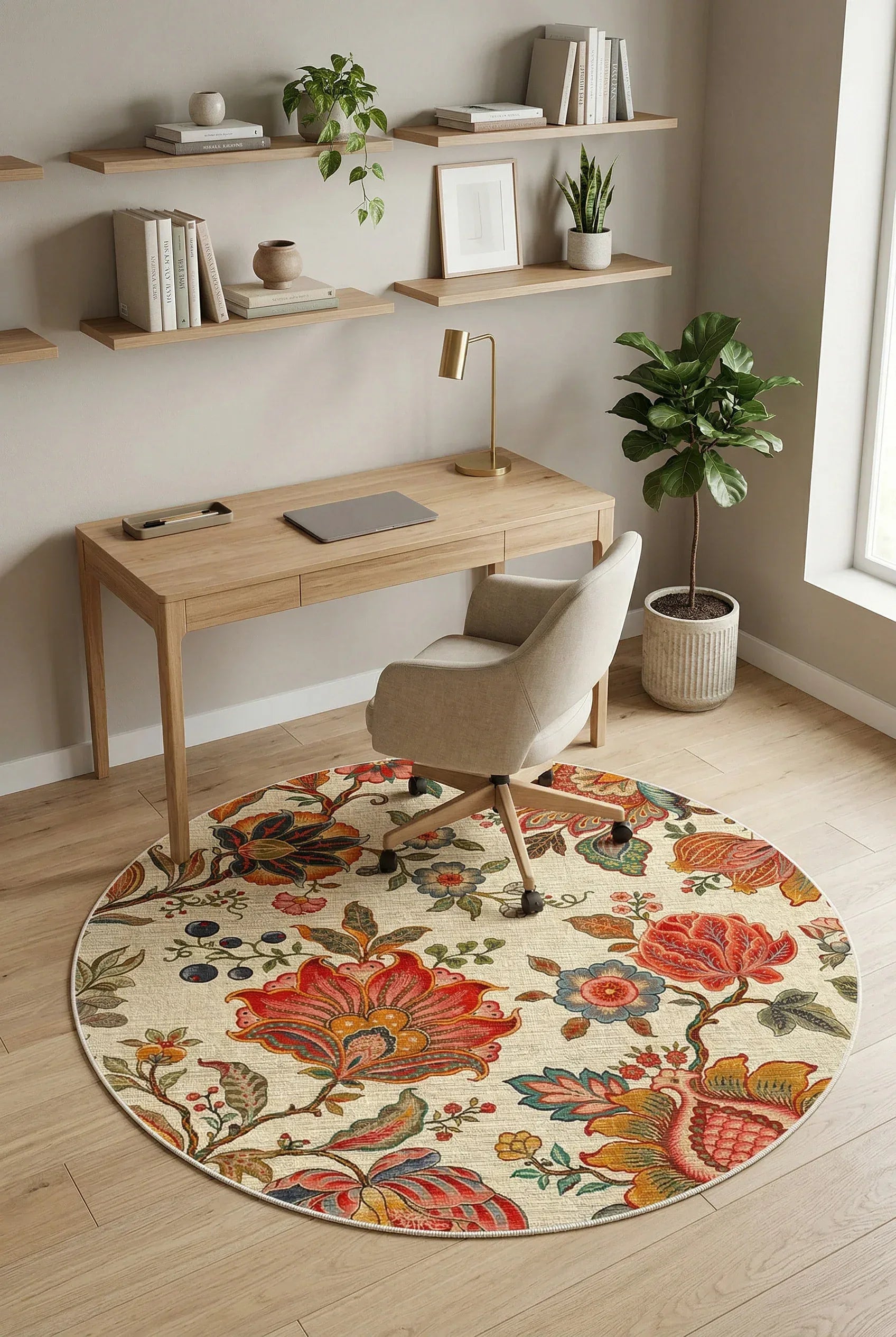 Sunro Spring Bloom Çiçek Desenli Modern Şönil Doğal Pamuk Tabanlı Kaymaz Antibakteriyel Yıkanabilir Yuvarlak Halı - Aydahome